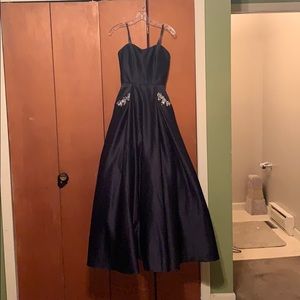 Strapless, royal blue prom dress. Ballgown style.
